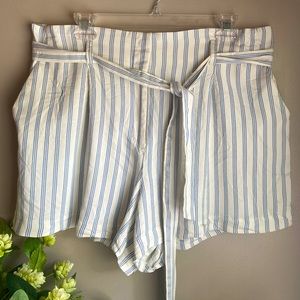 LOFT high waisted paper bag pleated white and blue striped shorts